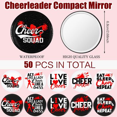 Threehoney 50 Pcs Cheer Gifts Bulk for Team Cheerleader Compact Mirror Bulk Pocket Mirror Bulk Cheerleader Party Favors 2.68 Inch Portable Makeup Mirrors for Cheer Team(Red)