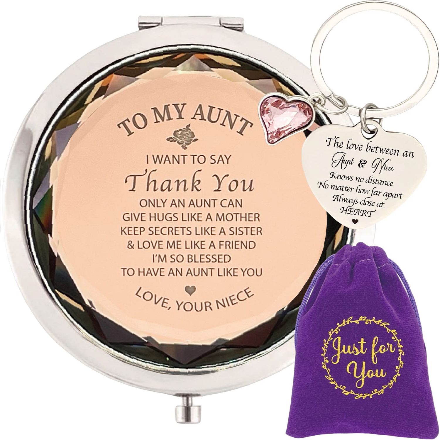 MALLAbyLAMMA Aunt Mirror Compact Engraved, Aunt Keychain, Aunt Gift from Niece, to My Aunt Gift, Auntie Gift from Niece, Sentimental Gift for Aunt Birthday Thanksgiving Christmas