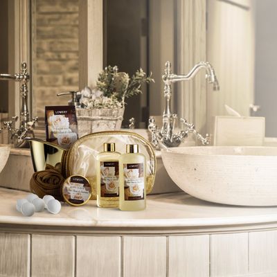 Valentines Day Gifts Home Spa Gift Basket, Luxury 13pc Bath & Body Set Men & Women, White Rose & Jasmine Scent - Shower Gel, Bubble Bath, Body Scrub, Salts, 6 Bath Bombs, Pouf, Cosmetic Bag & Gold Tub