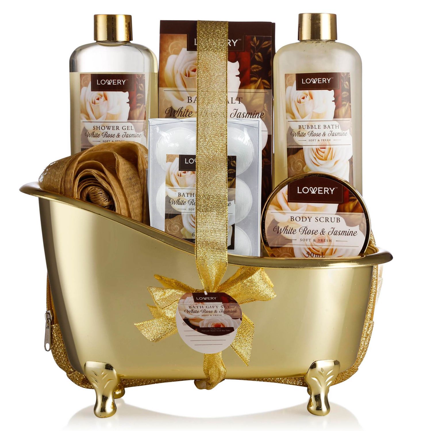 Valentines Day Gifts Home Spa Gift Basket, Luxury 13pc Bath &amp; Body Set Men &amp; Women, White Rose &amp; Jasmine Scent - Shower Gel, Bubble Bath, Body Scrub, Salts, 6 Bath Bombs, Pouf, Cosmetic Bag &amp; Gold Tub