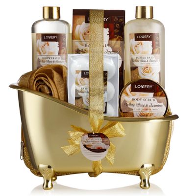 Valentines Day Gifts Home Spa Gift Basket, Luxury 13pc Bath &amp; Body Set Men &amp; Women, White Rose &amp; Jasmine Scent - Shower Gel, Bubble Bath, Body Scrub, Salts, 6 Bath Bombs, Pouf, Cosmetic Bag &amp; Gold Tub