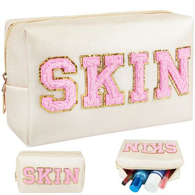 JOINDO Skin Makeup Bag, Skin Care Cosmetic Toiletry Bag, Preppy Makeup bag,Portable Makeup Zipper Pouch Storage Purse, PU Leather Skincare Organizer Bag for Travel Daily Use