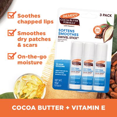 Palmer's Cocoa Butter Formula Moisturizing Swivel Stick with Vitamin E, Lip Balm for Beach Bag, Face &amp; Body Moisturizer Stick, Ideal for Treating Dry Skin Patches (Pack of 3)