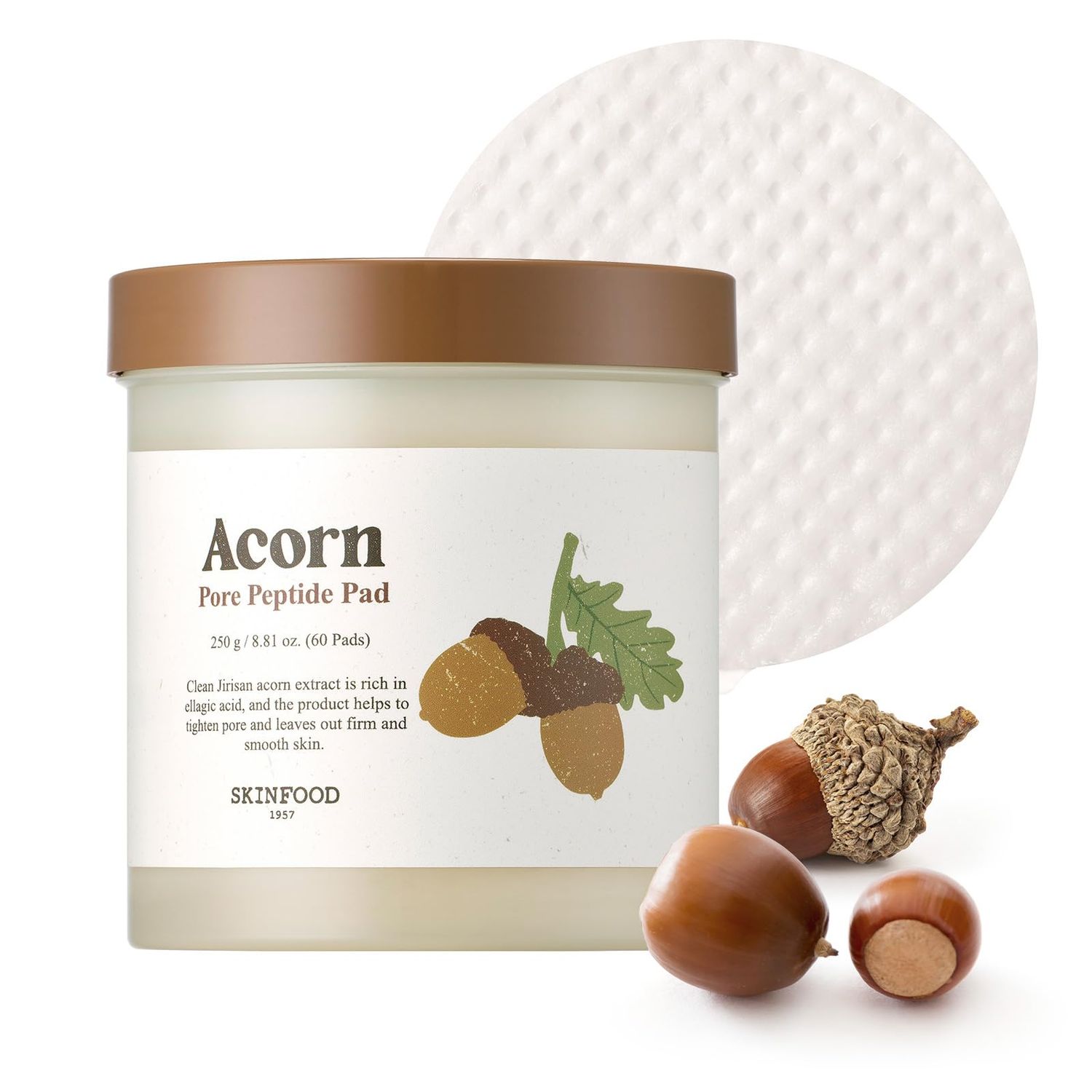 SKINFOOD Acorn Pore Peptide Toner Pad, Korean Skincare Facial Toner, Pore Tightening, Elasticity, Skin Texture Improvement, Firming Up Sagging Skin 8.81 oz (60 Pads)