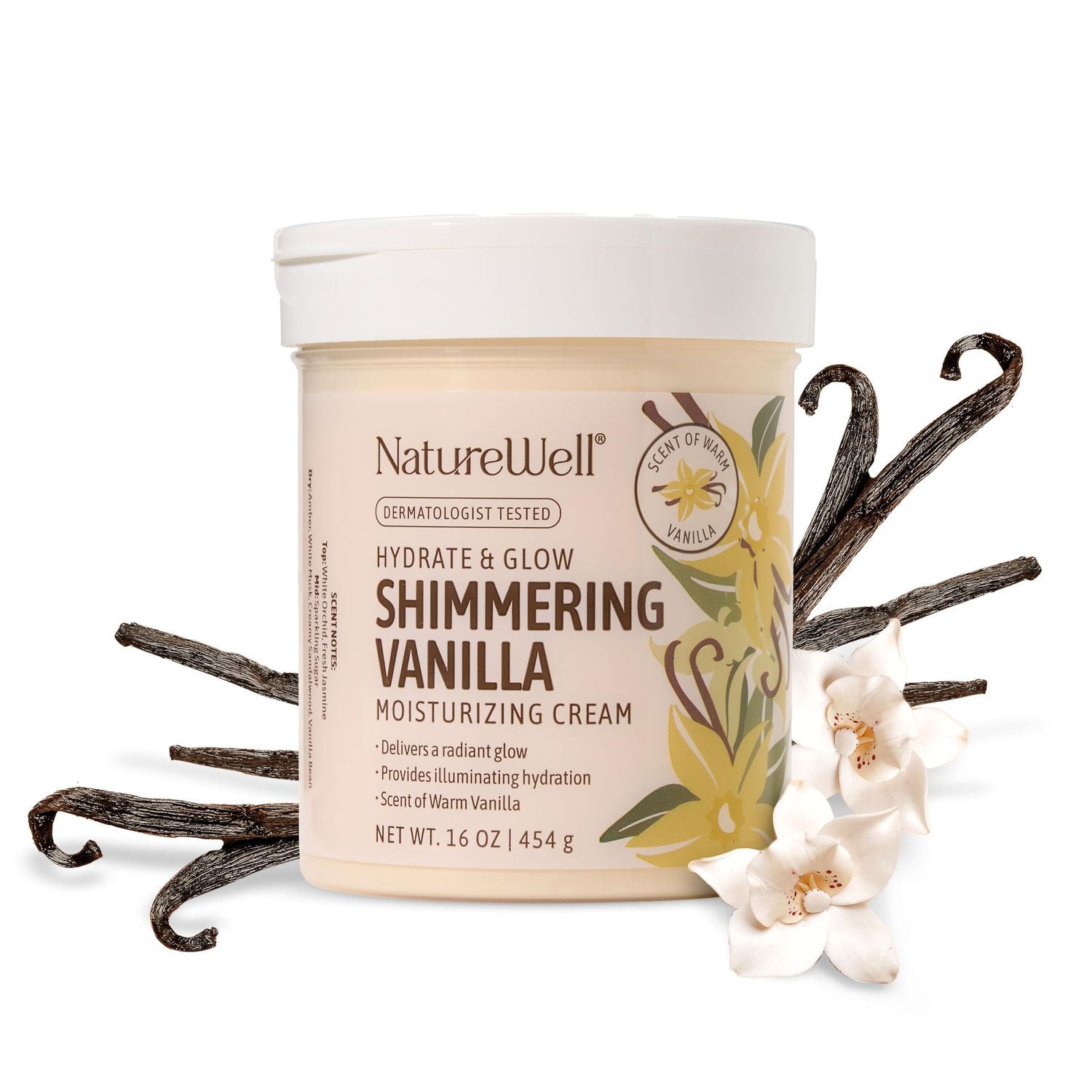 NATURE WELL Shimmering Vanilla Hydrate &amp; Glow Moisturizing Cream For Face &amp; Body, Intensely Nourishing &amp; Softening, Delivers A Sparkling Radiance &amp; Illuminating Hydration, Warm Vanilla Scent, 16 Oz