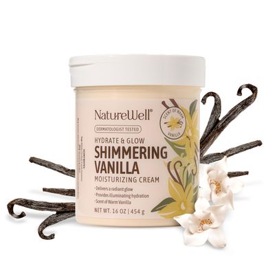 NATURE WELL Shimmering Vanilla Hydrate &amp; Glow Moisturizing Cream For Face &amp; Body, Intensely Nourishing &amp; Softening, Delivers A Sparkling Radiance &amp; Illuminating Hydration, Warm Vanilla Scent, 16 Oz