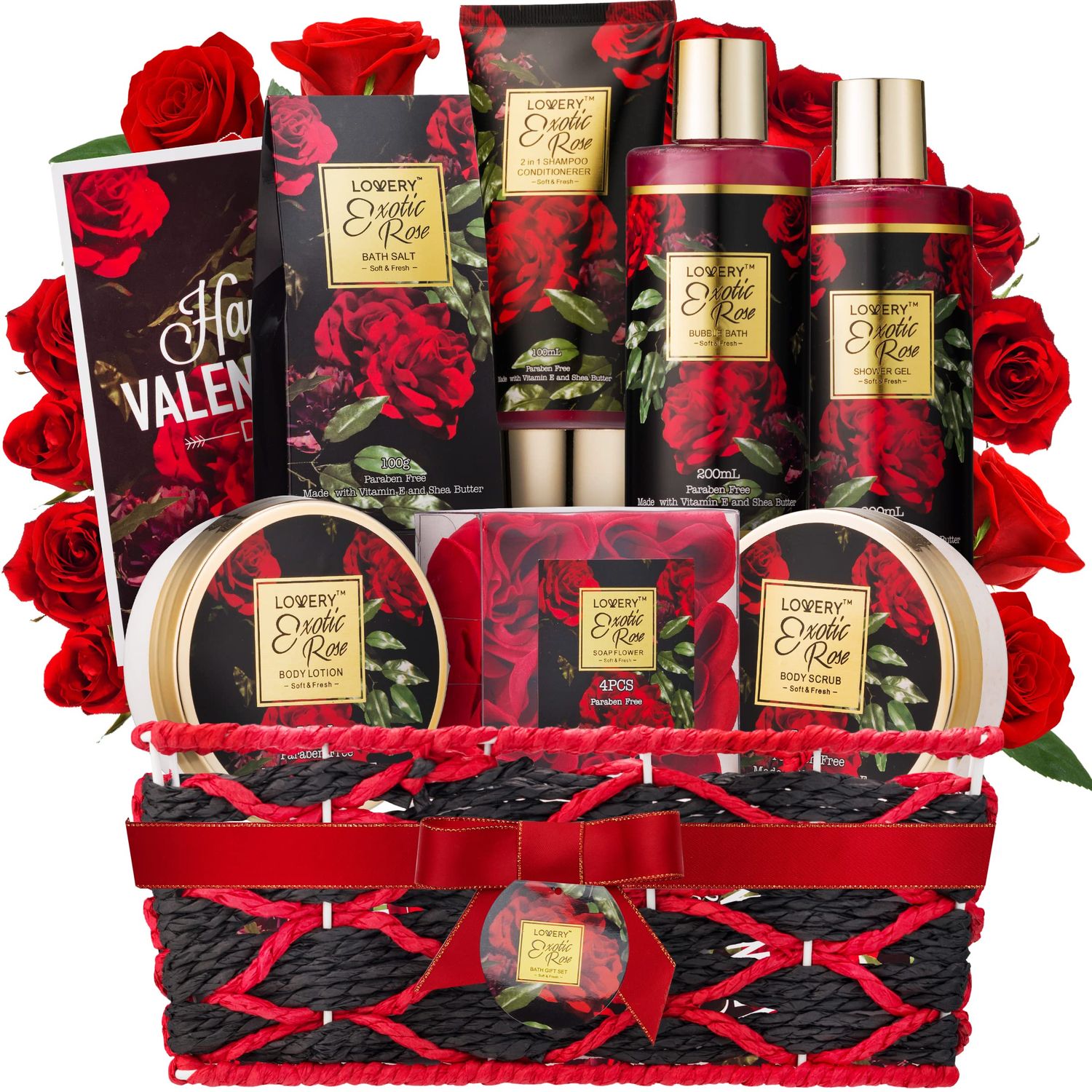 Valentines Day Gifts for Her - Exotic Rose Valentine Gift Basket for Women, Spa Bath and Body Gift Set, Anniversary Gifts for Women, Mom Birthday Gift with Body Scrub, Bubble Bath, Lotion &amp; More