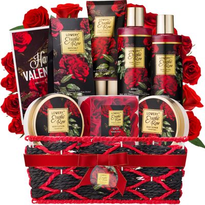Valentines Day Gifts for Her - Exotic Rose Valentine Gift Basket for Women, Spa Bath and Body Gift Set, Anniversary Gifts for Women, Mom Birthday Gift with Body Scrub, Bubble Bath, Lotion &amp; More