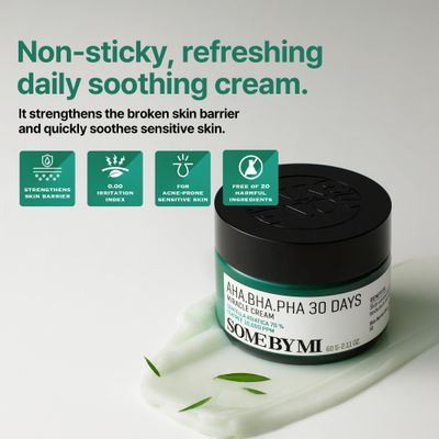 SOME BY MI AHA BHA PHA 30 Days Miracle Cream - 2.02Oz, 60ml - Mild Exfoliating Korean Face Moisturizer for All Skin Types - Daily Skin Prep Soothing and Blemish Relief Face Cream - Korean Skin Care