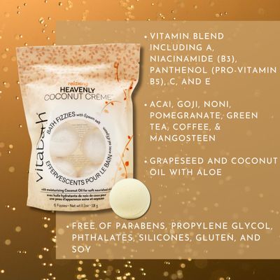 Vitabath Heavenly Coconut Crme Bath Fizzies with Epsom Salt Relax Nourish Unwind Body & Mind Calming Aromatherapy for Muscle Soreness & Reviving Skin Nourishment - 6 Count