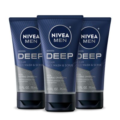 Nivea Men Deep Clean Face Wash and Scrub With Natural Charcoal, Exfoliating Face Wash for Men Removes Excess Oil, Dirt and Impurities, Beard Friendly, 2.5 Fl Oz Tube, Pack of 3