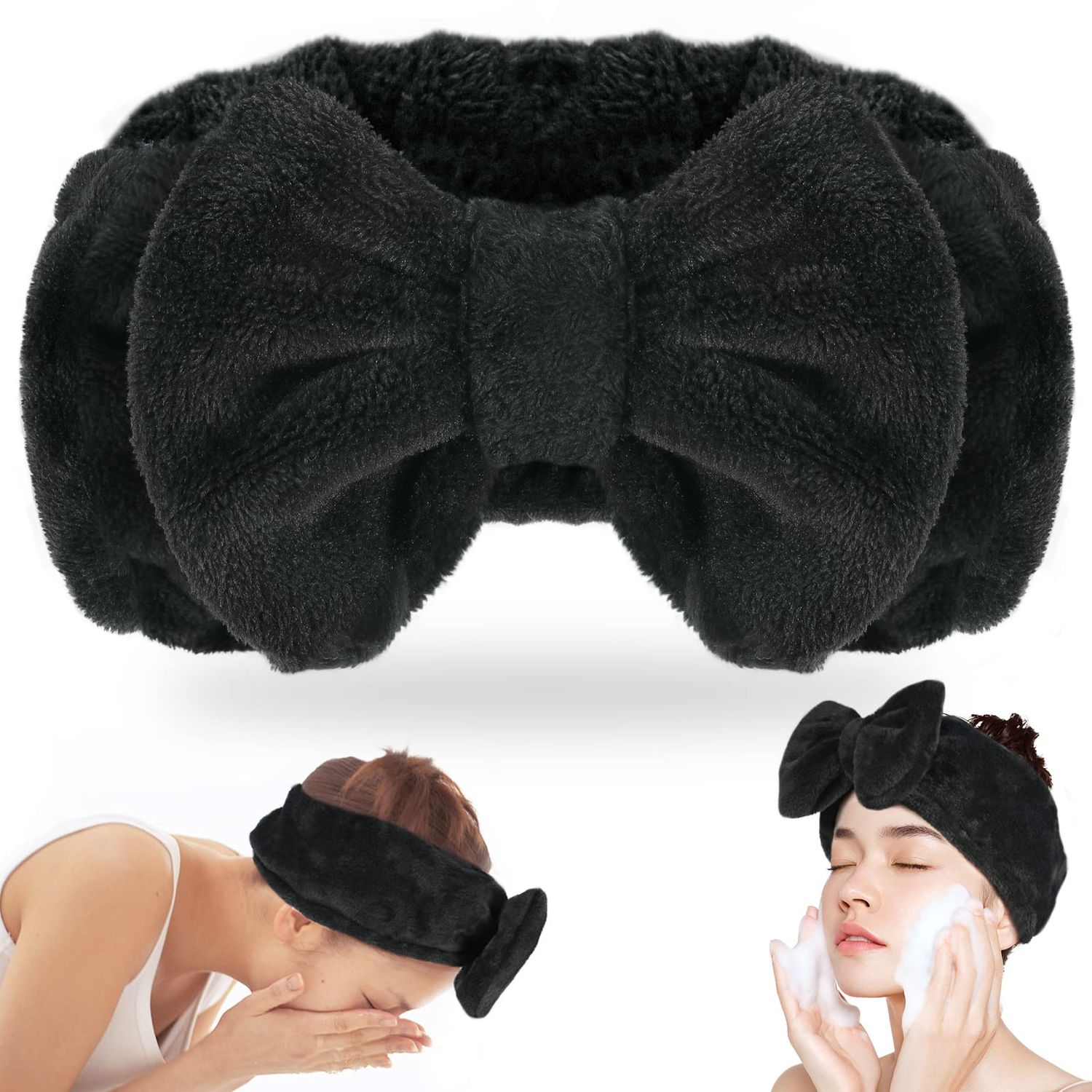 Shintop Spa Headband, Soft Carol Fleece Makeup Headband with Cute Bow Elastic Headband for Washing Face Skincare Facial Mask ShowersBlack