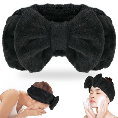 Shintop Spa Headband, Soft Carol Fleece Makeup Headband with Cute Bow Elastic Headband for Washing Face Skincare Facial Mask ShowersBlack