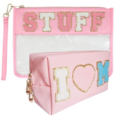 Makeup Bag with Chenille Letter Patch, Preppy Stuff, Preppy Things for Women, Perfect for Cosmetics and Skincare Essentials - 2pcs