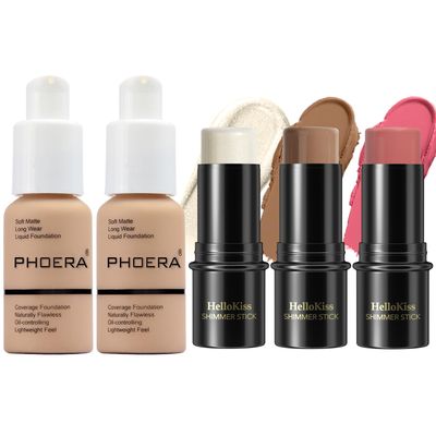 PHOERA Foundation,3 PCS Contour Stick Makeup Kit,Shades with Highlighter Stick,Blush Stick and Bronzer Contour,PHOERA Makeup(104+104+Light-Medium Contour/Buff Beige+Buff Beige+#02,#10,#12)