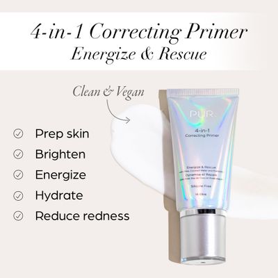 PUR Beauty 4-in-1 Correcting Primer, Energize &amp; Rescue - Primer for Face Before Makeup - Primer Face Makeup for Women - Silicone-Free Make Up Hydrating Primer Helps Reduce Redness, 1 Fl Oz