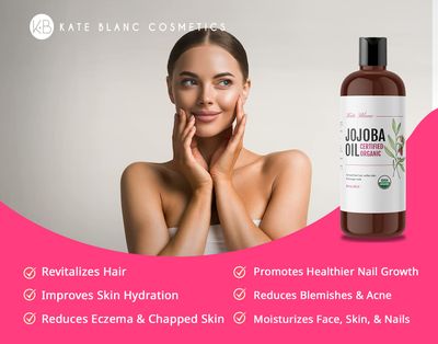 Kate Blanc Cosmetics Jojoba Oil for Hair, Face &amp; Skin. Gua Sha Oil for Face Massage &amp; Dermaplaning (16oz, Organic, 100% Pure, Natural)