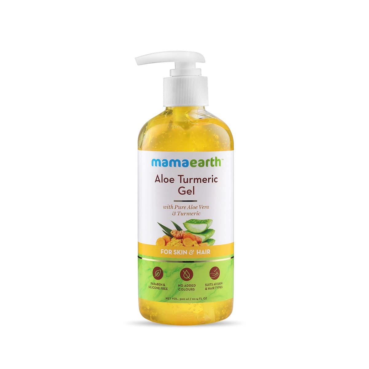 MAMAEARTH Aloe Turmeric Gel for Healthy Skin &amp; Hair | Reduces Sunburn, Acne, &amp; Dandruff | Hydrates Dry Hair &amp; Nourishes Scalp | Paraben-Free | 10.14 Fl Oz (300ml)