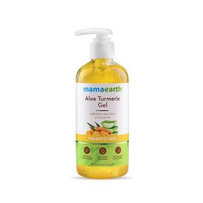 MAMAEARTH Aloe Turmeric Gel for Healthy Skin &amp; Hair | Reduces Sunburn, Acne, &amp; Dandruff | Hydrates Dry Hair &amp; Nourishes Scalp | Paraben-Free | 10.14 Fl Oz (300ml)