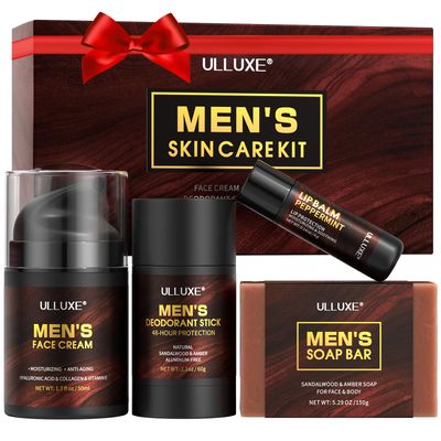 Mens Skin Care Set,Birthday Gift for Men, Valentines Day Gifts for Him, Unique Mens Gift Indeas, Husband Boyfriend Gifts, Gift Set Includes Mens Face Cream, Lip Balm, Soap Bar, and Deodorant Stick