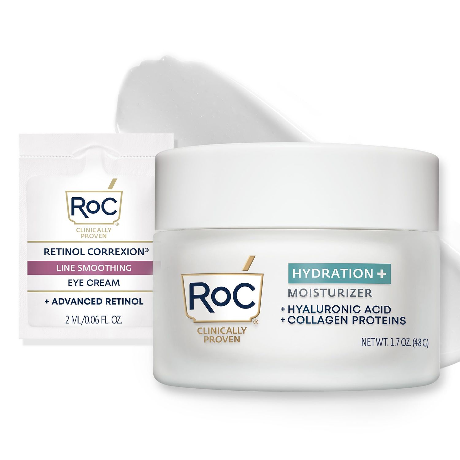 RoC Hydration+ Hyaluronic Acid Moisturizer Face Cream, Hydrating, Smoothing, Fragrance Free, Stocking Stuffers for Men &amp; Women, (1.7 Ounces) with Retinol Eye Cream Packette