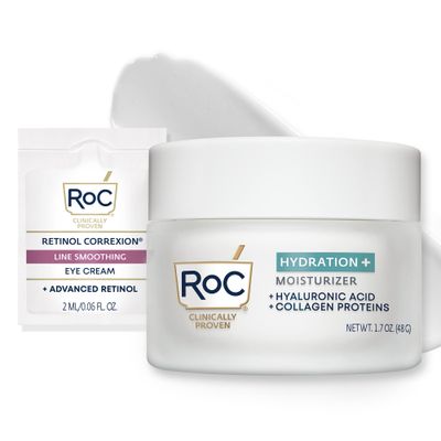 RoC Hydration+ Hyaluronic Acid Moisturizer Face Cream, Hydrating, Smoothing, Fragrance Free, Stocking Stuffers for Men &amp; Women, (1.7 Ounces) with Retinol Eye Cream Packette