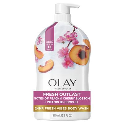 Olay Fresh Outlast Body Wash for Women, 24hr Fresh Vibes, Refreshing &amp; Restorative, Paraben Free, Peach and Cherry Blossom Scent, 33 fl oz