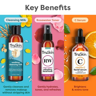 TruSkin x Kylie Skincare Gift Set - With Vitamin C Face Serum 1 fl oz, Soothing Cleansing Milk 4.2 fl oz, and Rose Water Spray for Face 4 fl oz - Exclusive Skincare Set by Kylie Cantrall