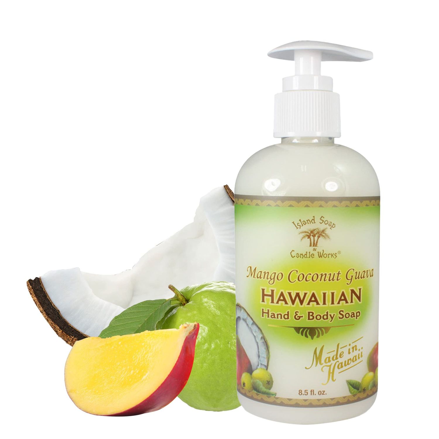 Island Soap &amp; Candle Works Botanical Liquid Hand Soap - Vegan Hand Soap for Men and Women - Luxury Skincare for Bathroom - Hawaiian Gifts for Sensitive Skin - Mango Coconut Guava - 8.5 Ounce Bottle