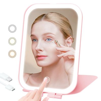 Puiuisoul Travel Makeup Mirror, 2000mAh Battery-Powered Illuminated Mirror, 3 Adjustable Light Settings USB-Rechargeable Vanity Mirror with Touch-Sensitive DimmingGift for Women and Girls (Pink)