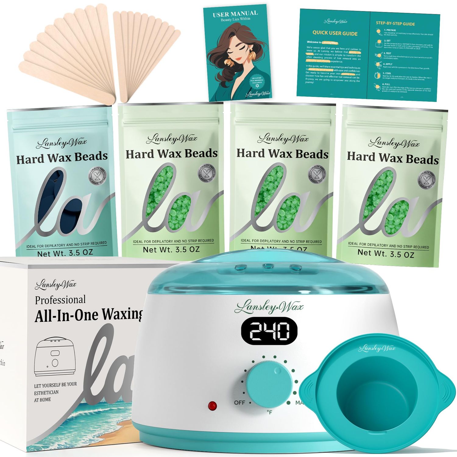 LANSLEYWAX Waxing Kit for Women Blue Green-Digital Wax Warmer Hair Removal with Silicone Pot, Hard Wax Kit Waxing Machine Suitable for Sensitive Skin/Eyebrow/Brazilian/Bikini/Leg/Full Body Use