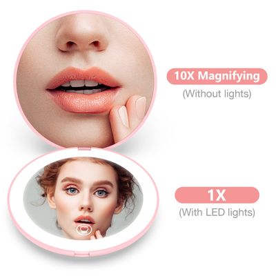 WOBANE LED Lighted Compact Makeup Mirror, Rechargeable Travel Magnifying Mirror, Handheld Purse Mirror, 1X/ 10X Magnification, Folding Travel Mirror with Light, 4 Round,Portable,Pink, Sweet Gift