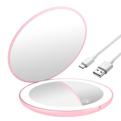 WOBANE LED Lighted Compact Makeup Mirror, Rechargeable Travel Magnifying Mirror, Handheld Purse Mirror, 1X/ 10X Magnification, Folding Travel Mirror with Light, 4 Round,Portable,Pink, Sweet Gift