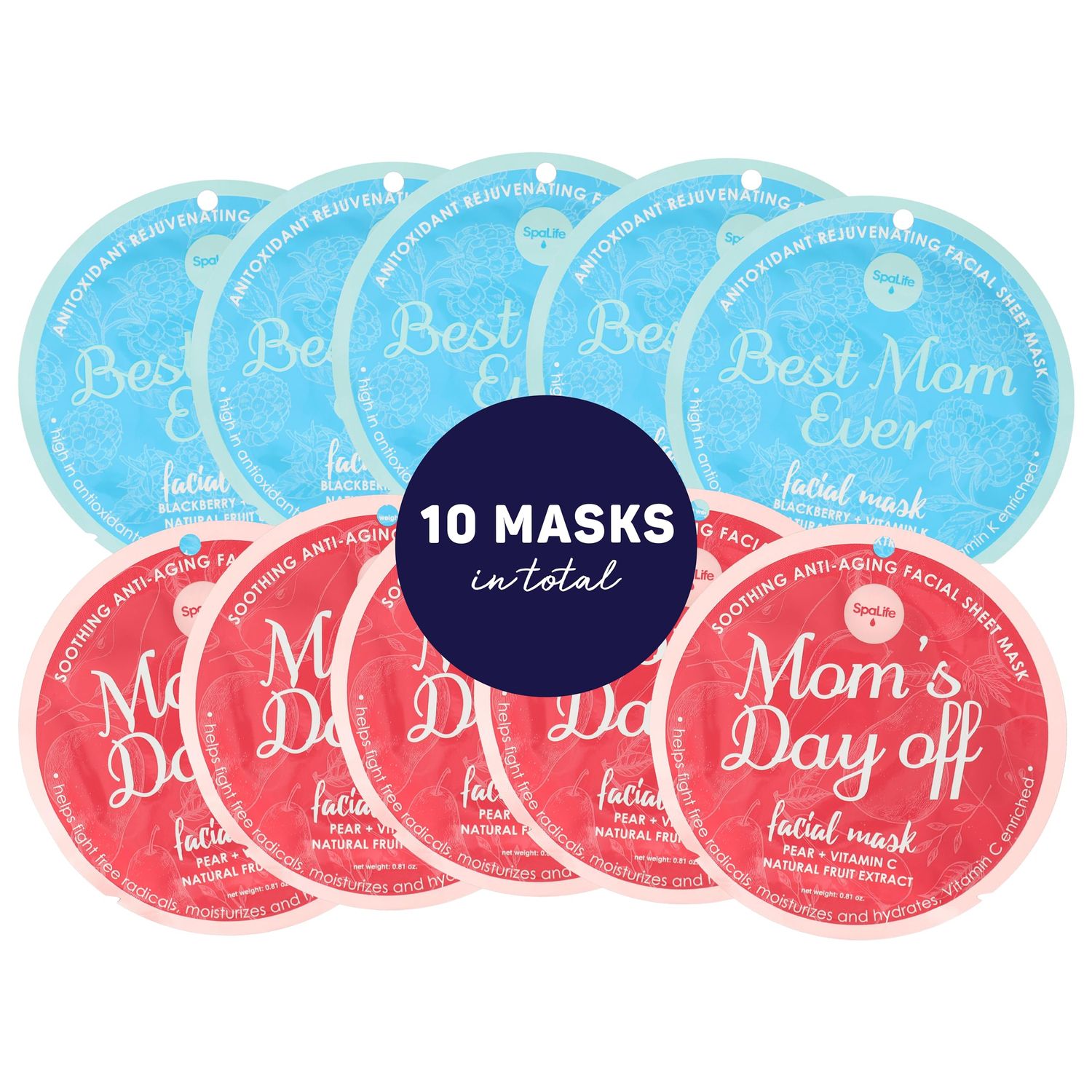 SpaLife Made for Mama Facial Mask Duo - Antioxidant Rejuvenating &amp; Soothing Anti-Aging Facial Sheet Masks - Face Masks Skincare Set - Hydrating Face Masks - 10 Pack - Natural Fruit Extract Formulas