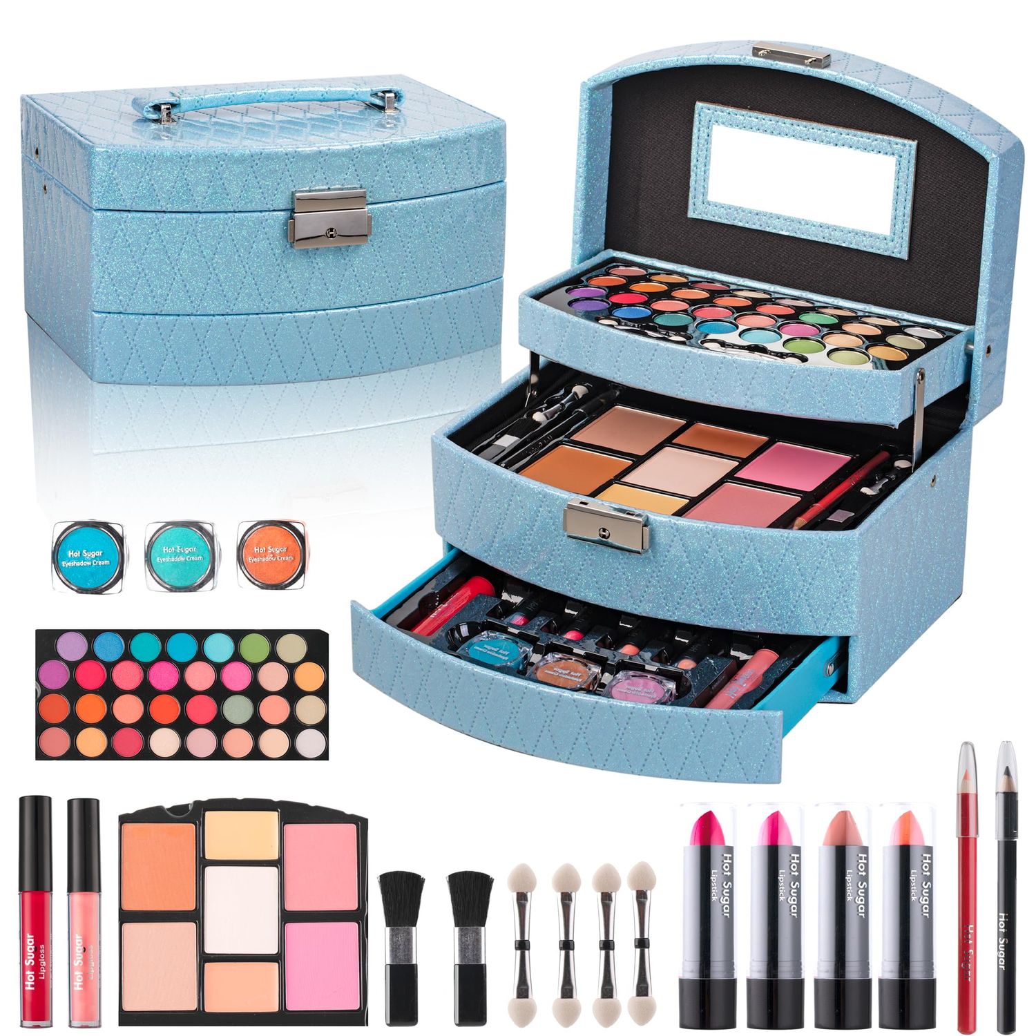 Hot Sugar Girls Makeup Kit for Birthday Gift, All in One Beginner Makeup Kit for Women Full Kit, Christmas Makeup Set for Teens 10 12 13 16 Includes Real Cosmetics and Makeup Tools (BLUE)