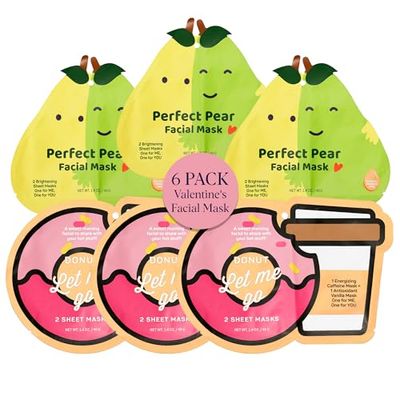 SpaLife Donut Let Me Go Duo Facial Masks - Pack of 6 - Skincare Gift Set for Valentine&#39;s Day - Radiant Caffeine and Soothing Vanilla - Beauty Moisture Hydration Face Mask for Men and Women