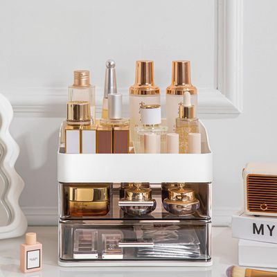 Makeup Organizer for Vanity,Vanity Organizer with 2 Drawers,Makeup&amp;Skincare Organizers Countertop,Cosmetic Display Case,Vanity Storage Box(White)