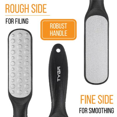 TYGA Double-Sided Foot File, Coarse &amp; Fine, Dry &amp; Wet, Stainless Steel, Pedicure Care Tool, Callus Remover for Feet, Multidirectional Nickel, Hard Skin Removal, Washable, Spa and Skin Care (Black)