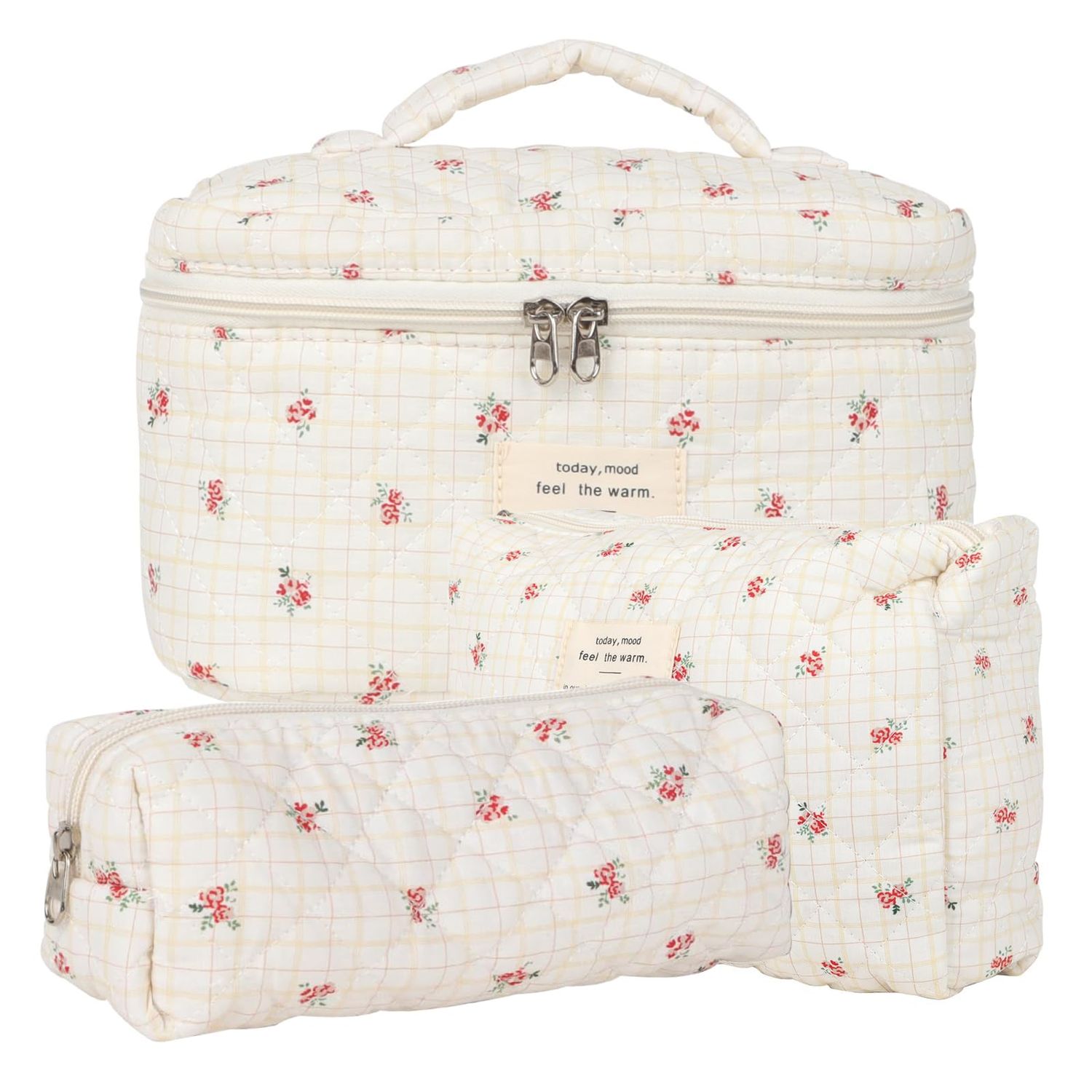 Pink Floral Makeup Bag for Women Teen Girl, 3 Pcs Quilted Cosmetic Bag, Flowers Cotton Make up Bag Set, Large Travel Coquette Cosmetic Bag, Aesthetic Cute Toiletry Organizer Skincare Bag