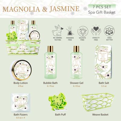 Spa Gifts for Women, Bath Sets for Women Gift, 7Pcs Spa Gift Set w/Shower Gel, Bubble Bath, Bath Salts, Bath Bomb, Body Lotion, Christmas Gifts for Women, Magnolia &amp; Jasmine Bath Set