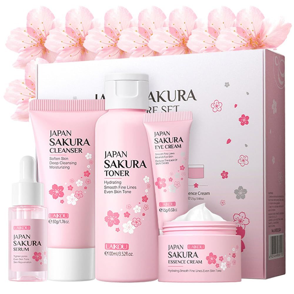 Sakura Skincare Kit for Teenage Girls Women, 5Pcs Skin Care Travel Present Set with Cleanser, Toner, Serum, Eye Cream, Face Cream