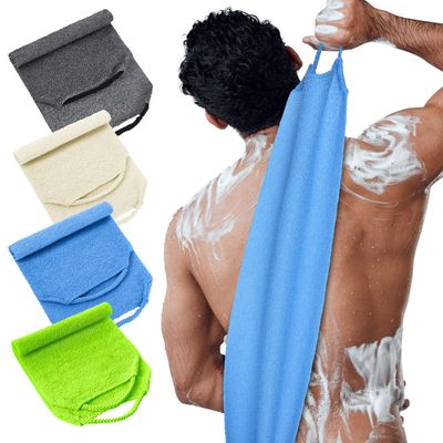 Moukeren Exfoliating Back Scrubber with Handles 4 Packs Nylon Back Exfoliator Extended Length Back Washers Scrubbers Stretchable Pull Strap(Dark Blue, Gray, Beige, Fluorescent Green)