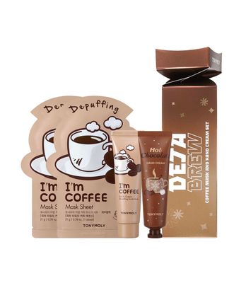 TONYMOLY Deja Brew | 4 PC K-beauty Coffee Skincare Cracker Gift Set, 2 Sheet Masks, Wash Off Mask, Hand Cream