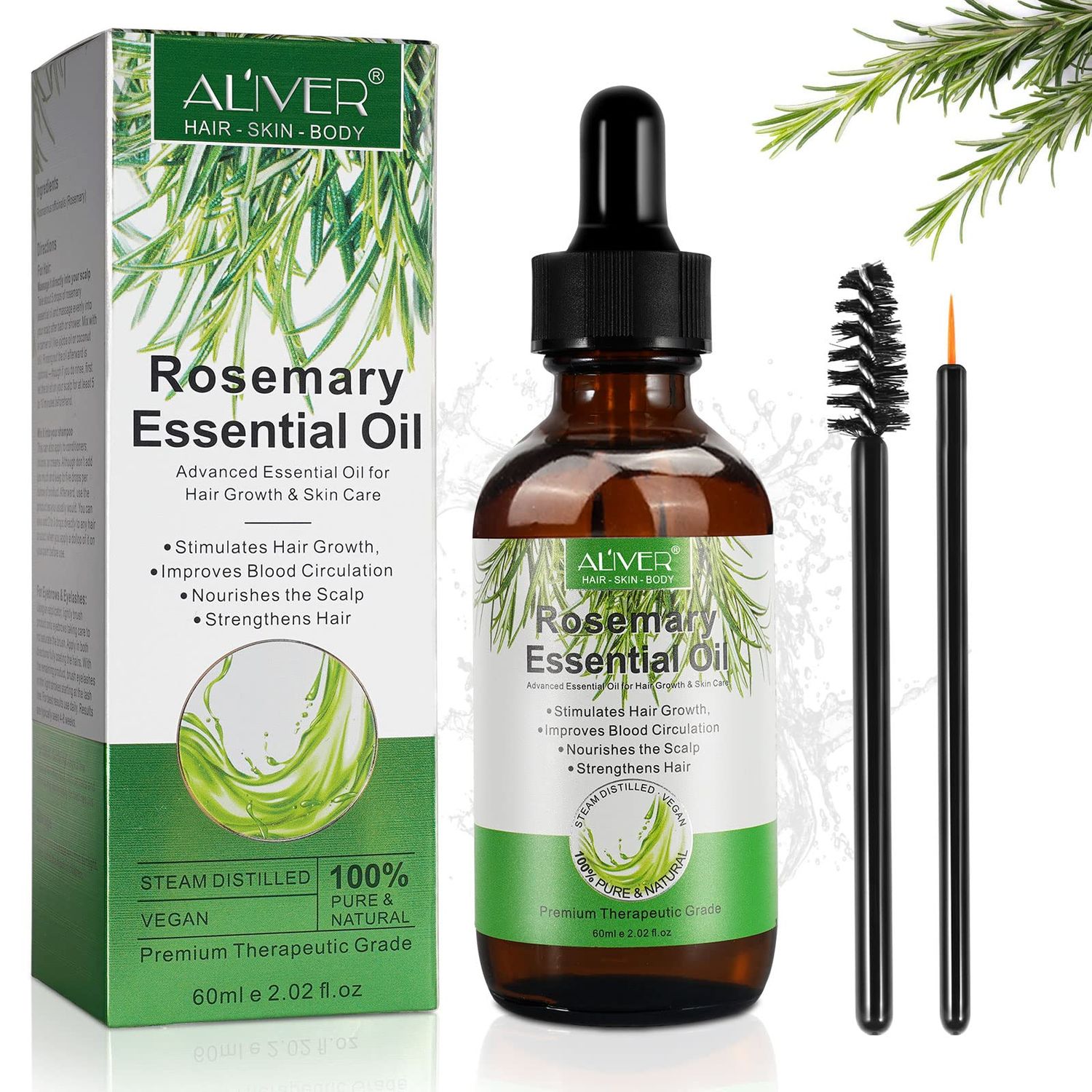 Rosemary Oil for Hair Growth &amp; Skin Care, Rosemary Essential Oils for Dry Damaged Hair and Hair Loss, Nourish Scalp, Stimulate Hair Growth, Improve Blood Circulation, Strengthen Hair, 60 ml