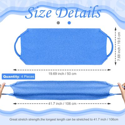 Moukeren Exfoliating Back Scrubber with Handles 4 Packs Nylon Back Exfoliator Extended Length Back Washers Scrubbers Stretchable Pull Strap(Dark Blue, Gray, Beige, Fluorescent Green)