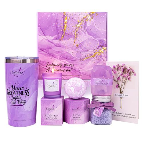 Lavender Spa Gift Set for Women 6pcs - Includes Candle, Handmade Soap, Bath Bomb, Bath Salts, Tumbler &amp; Greeting Card - Ideal Gift for Birthdays, Mothers Day, Christmas, or Special Occasions