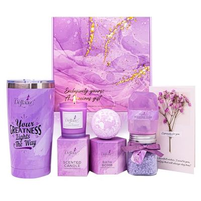 Lavender Spa Gift Set for Women 6pcs - Includes Candle, Handmade Soap, Bath Bomb, Bath Salts, Tumbler &amp; Greeting Card - Ideal Gift for Birthdays, Mothers Day, Christmas, or Special Occasions