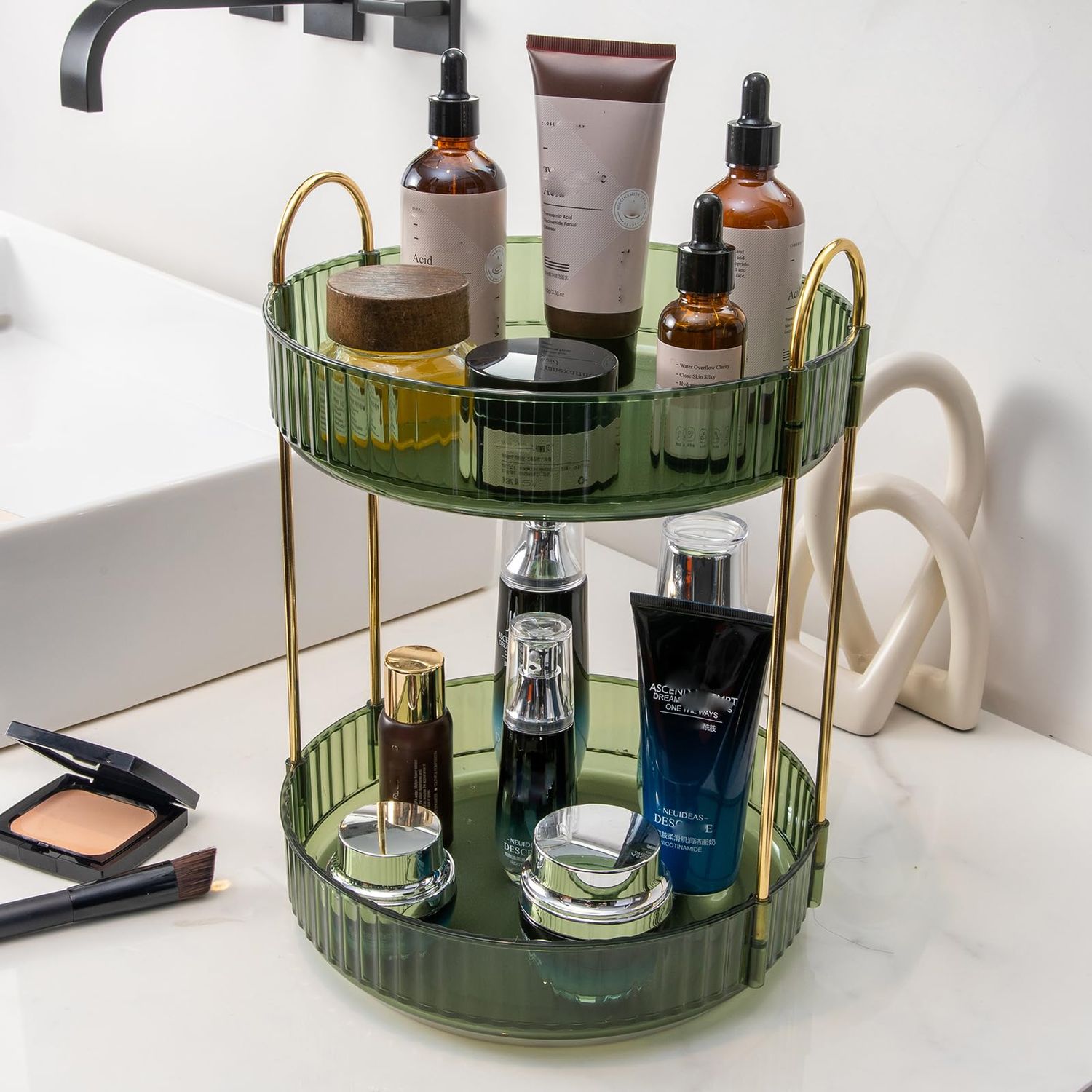 Rotating Makeup Organizer for Vanity 2 Tier Bathroom Counter Organizer 360 Spinning Skincare Perfume Organizer Make Up Storage Cosmetics Dresser Organizers High-Capacity(Green)