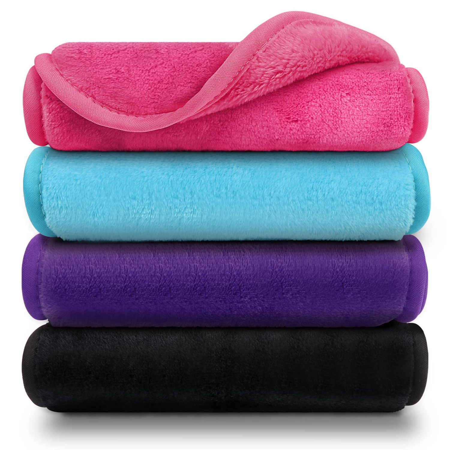 Orighty Makeup Remover Cloths Pack of 4, Reusable Microfiber Facial Cleansing Cloths, Remove Instantly Dirt, Makeup&amp;Waterproof Mascara with Just Water, 15.5 x 7.5 in, Blue/Purple/Black/Pink