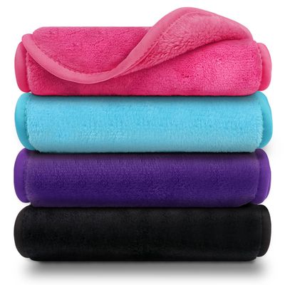 Orighty Makeup Remover Cloths Pack of 4, Reusable Microfiber Facial Cleansing Cloths, Remove Instantly Dirt, Makeup&amp;Waterproof Mascara with Just Water, 15.5 x 7.5 in, Blue/Purple/Black/Pink